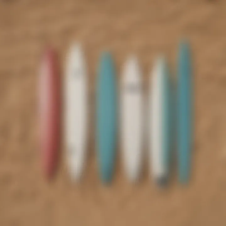 Aerial view of surfboards lined up on a sandy beach