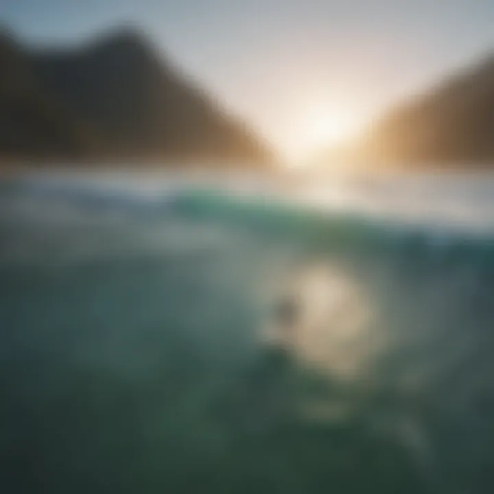 Aerial view of surfers catching waves in crystal clear waters