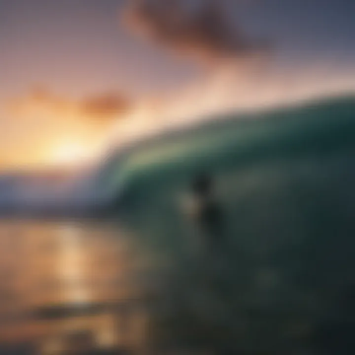 Silhouette of a surfer riding a massive wave at sunset