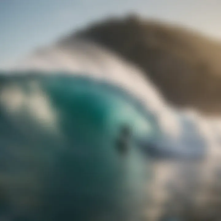 A majestic coastline with surfers riding the waves, illustrating the cultural connection between surfboarding and the ocean.