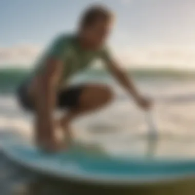 Surfer applying reused wax on a surfboard