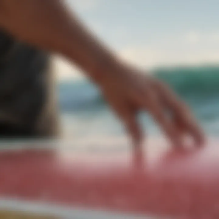 Close-up of applying surfboard wax