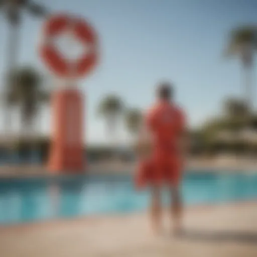 A certified lifeguard stands confidently by the pool, showcasing readiness and vigilance.