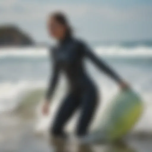 Female surfer in wetsuit preparing to catch a wave on a surfboard