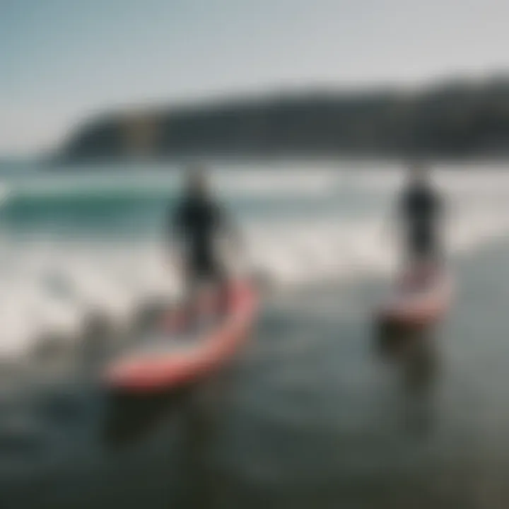 Group of beginner surfers practicing paddling out into the ocean on their boards