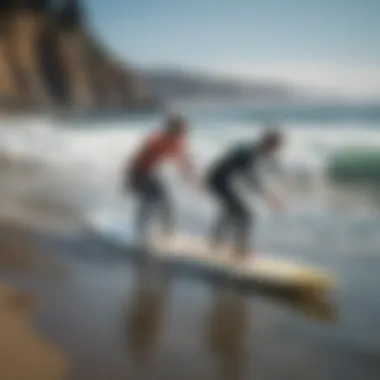 Instructor teaching a beginner surfer proper stance and balance on a surfboard