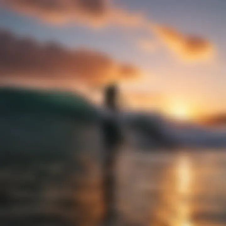 Sunset silhouette of a surfer riding a wave against a colorful sky