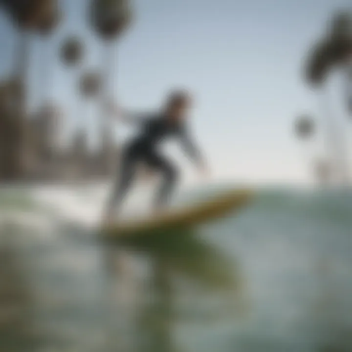 Learning to balance on a surfboard at Santa Monica