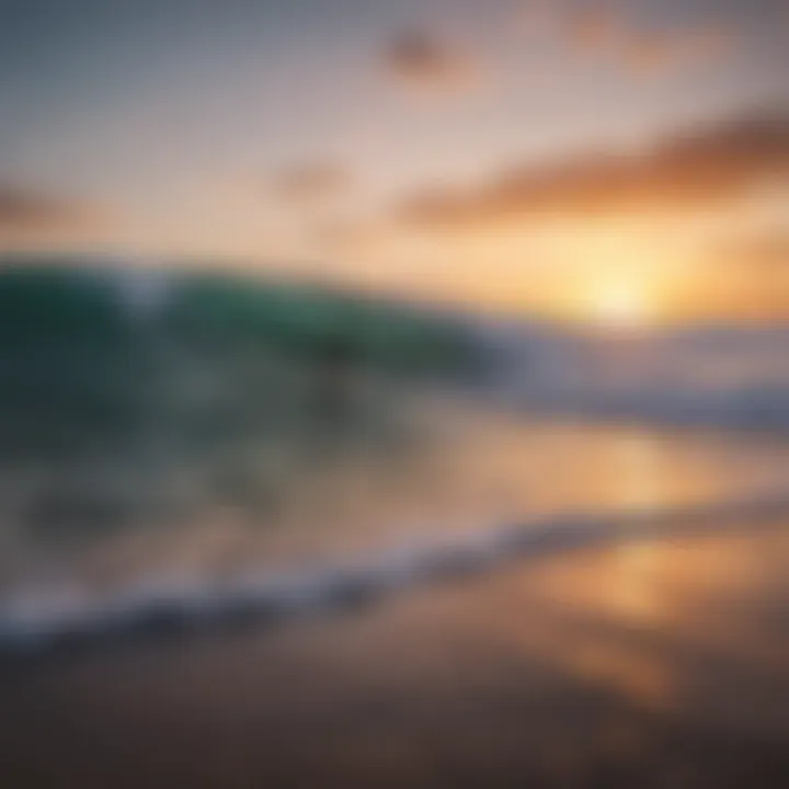 A drone capturing the sunset while surfers ride the last waves.