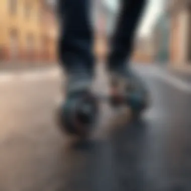 Skateboard wheels in motion on pavement