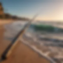 A high-performance surf rod set against a picturesque beach backdrop