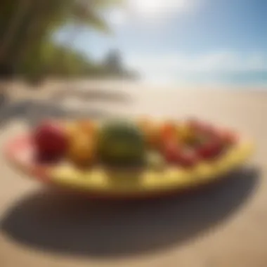 Exotic Fruits and Surfboards on Sandy Beach