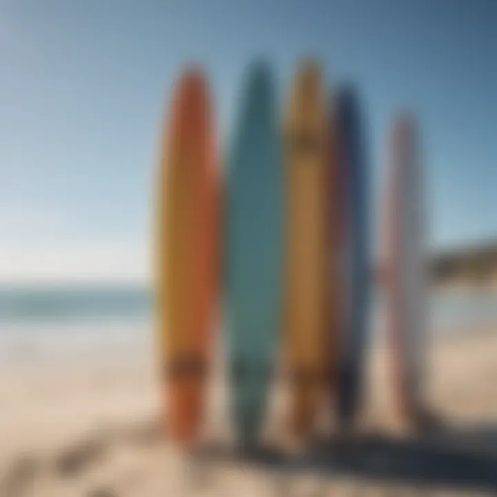 A creatively designed surf rack with colorful surfboards mounted