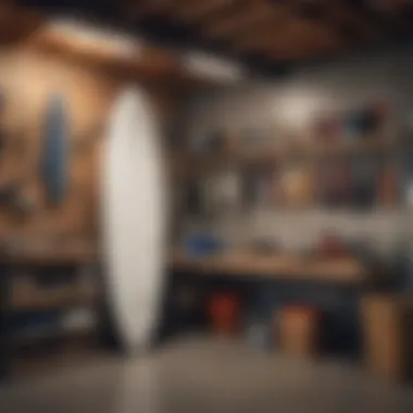 A DIY surf rack in a garage with tools and materials laid out