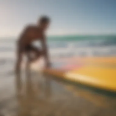 An individual inspecting a surfboard for quality and features