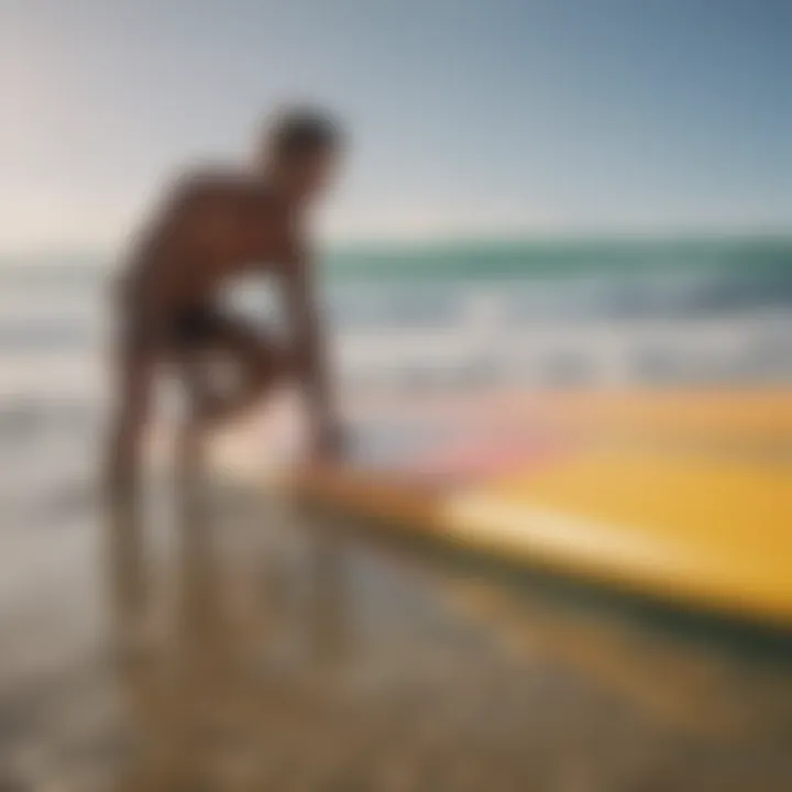 An individual inspecting a surfboard for quality and features