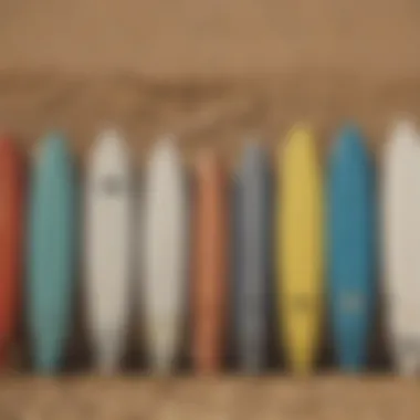 A selection of different surfboards displayed on a beach