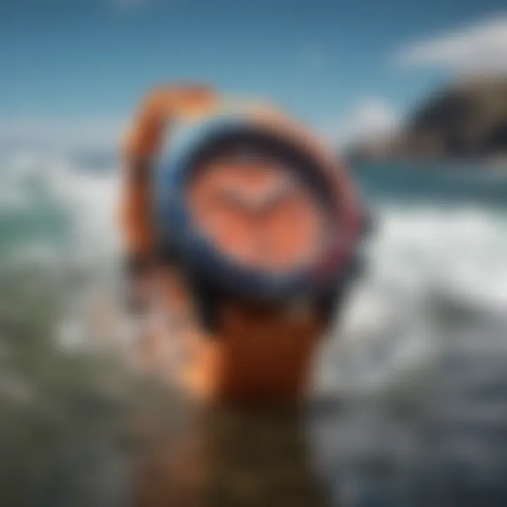 An array of vibrant watches designed for water activities displayed by the shore