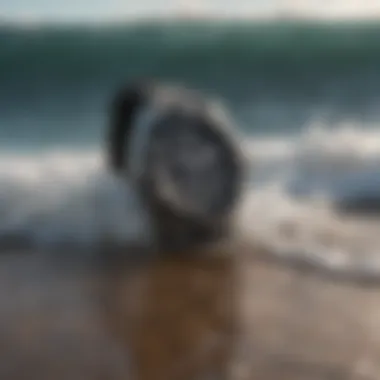 A stylish watch showcasing its water resistance feature while near ocean waves