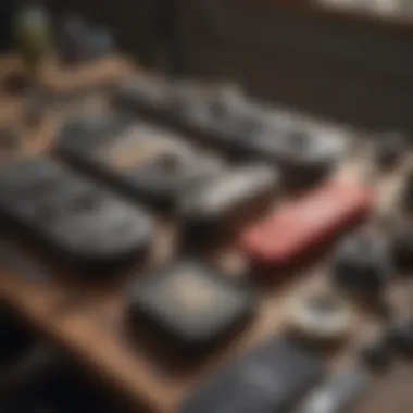 Skateboard maintenance tools and supplies laid out on a table