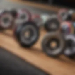 Close-up view of various longboard wheels showcasing different shapes and sizes.