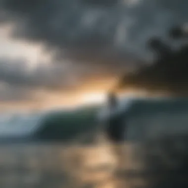 Surfer riding a powerful wave under a dramatic sky