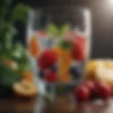 A glass of water surrounded by fresh fruits and vegetables, symbolizing hydration.