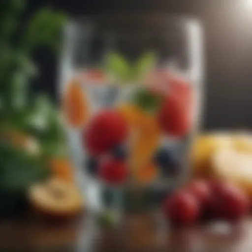 A glass of water surrounded by fresh fruits and vegetables, symbolizing hydration.