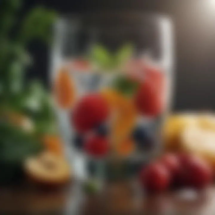 A glass of water surrounded by fresh fruits and vegetables, symbolizing hydration.