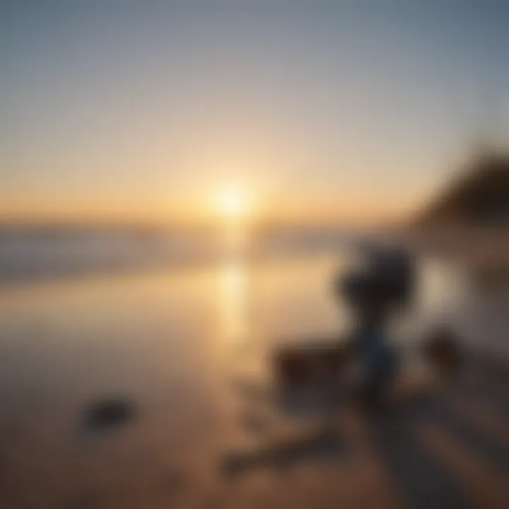 Delaware beach at sunrise with fishing gear in foreground