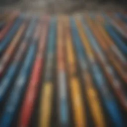 A selection of stand-up paddle paddles of various sizes lined up together