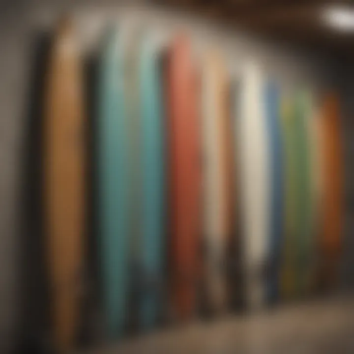 Surfboard rack showcasing variety of board sizes and designs