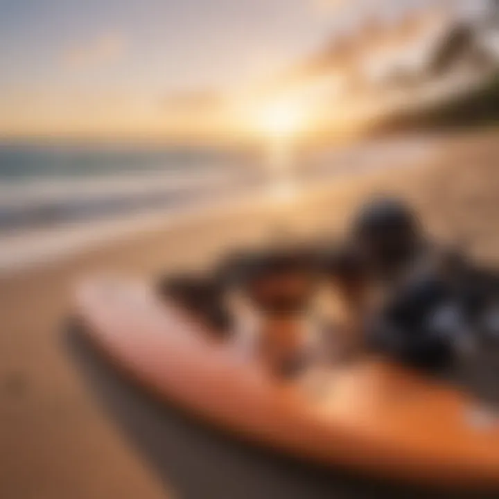 Surfboard and diving gear laid out on the beach at sunset.