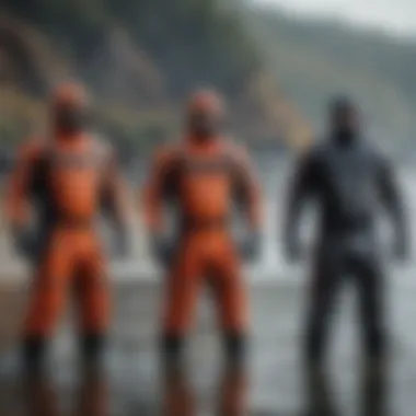 Different types of drysuits displayed for comparison