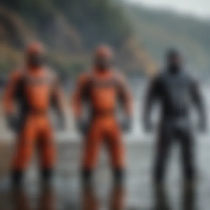 Different types of drysuits displayed for comparison