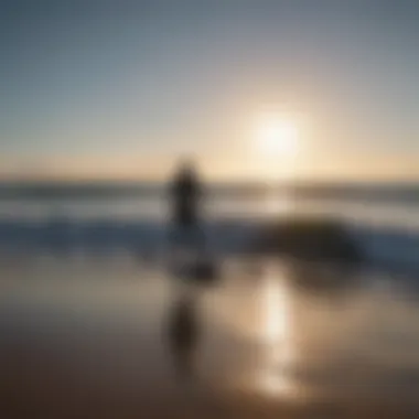 A serene ocean backdrop with a silhouette of a surfer using duck feet