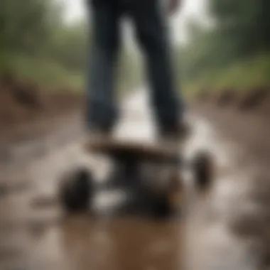 Electric skateboard navigating through muddy off-road path