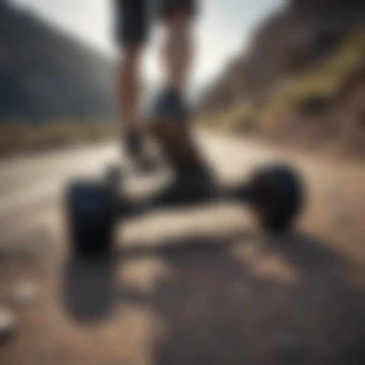 Electric skateboard with rugged tires conquering rocky terrain