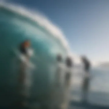 A group of surfers training together in the ocean