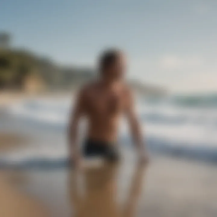 A surfer practicing breathing techniques on the beach