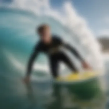 Close-up of a surfer's focused expression while riding a wave