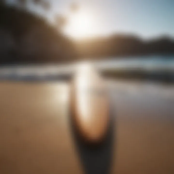 Surfboard on sand symbolizing balance in surfing