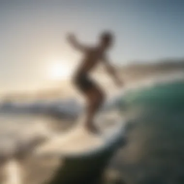 Surfer practicing balance drill on surfboard