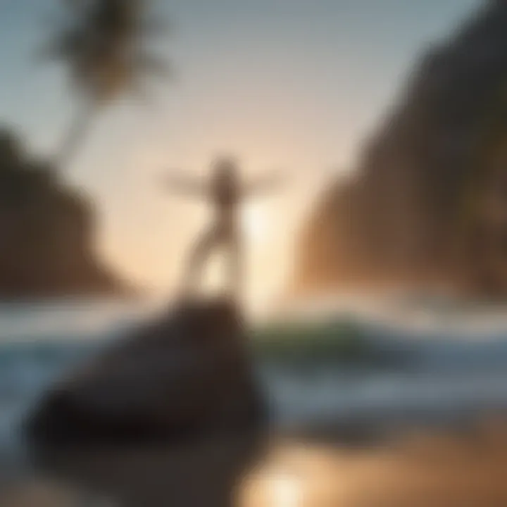 Surfer performing yoga pose on beach for balance