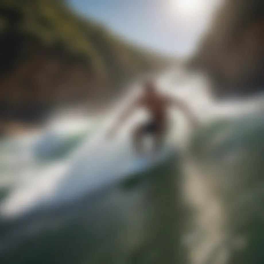 A surfer catching a wave with the GoPro bodyboard mount attached