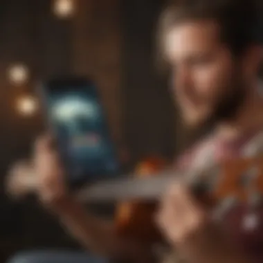 A musician using a tuning app while playing a ukulele