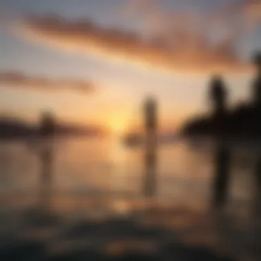 A vibrant sunset view over the water with paddle boards in silhouette