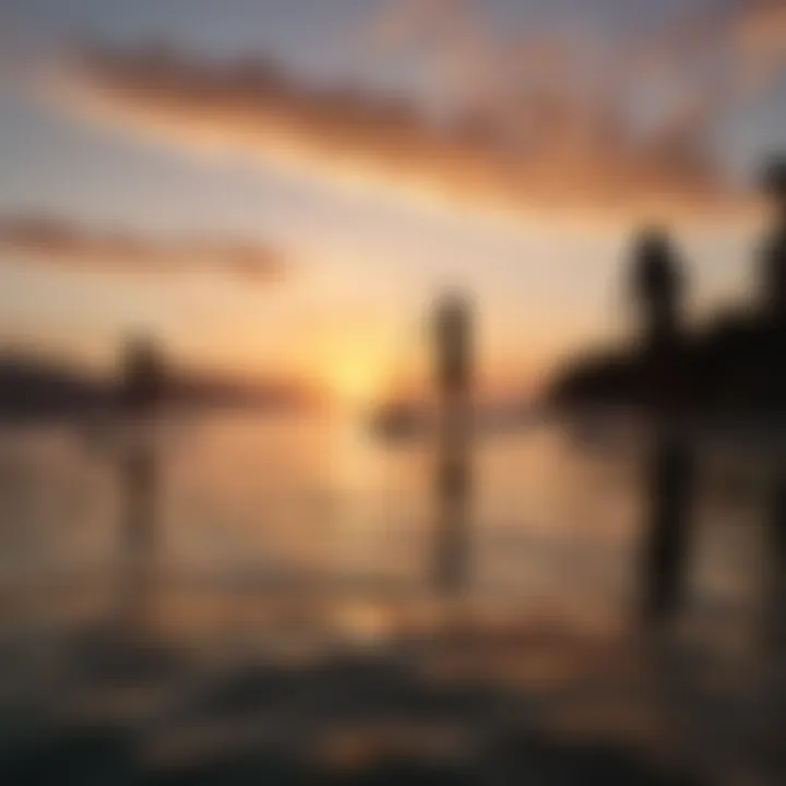 A vibrant sunset view over the water with paddle boards in silhouette