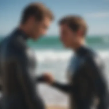 A surfer inspecting their wetsuit for signs of wear and tear.