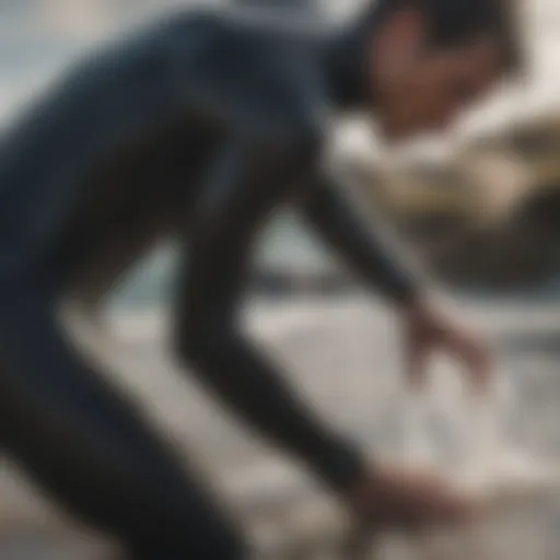 A close-up view of a wetsuit being rinsed in fresh water to remove salt and debris.